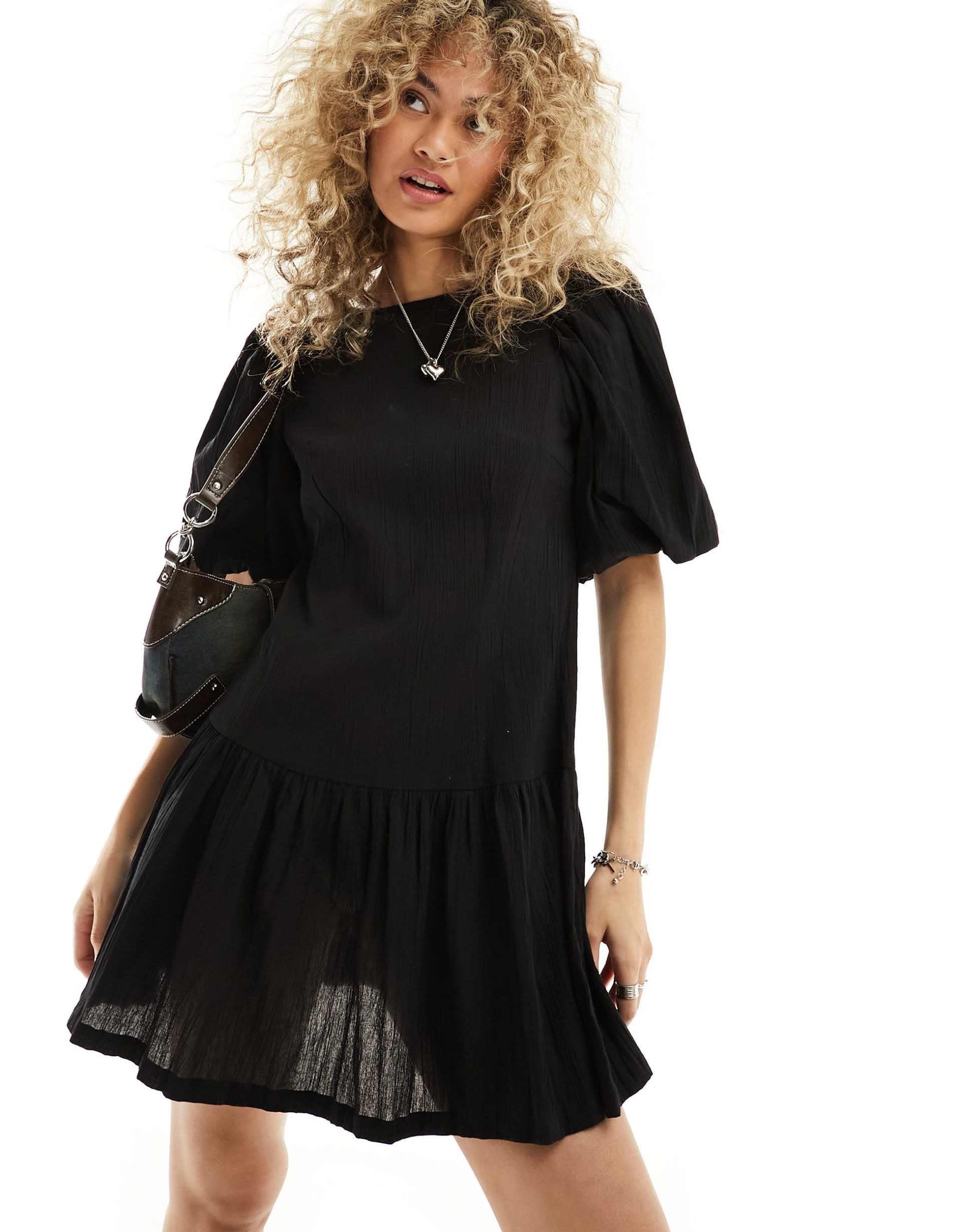 monki short balloon sleeve mini dress with pleated volume bottom in black