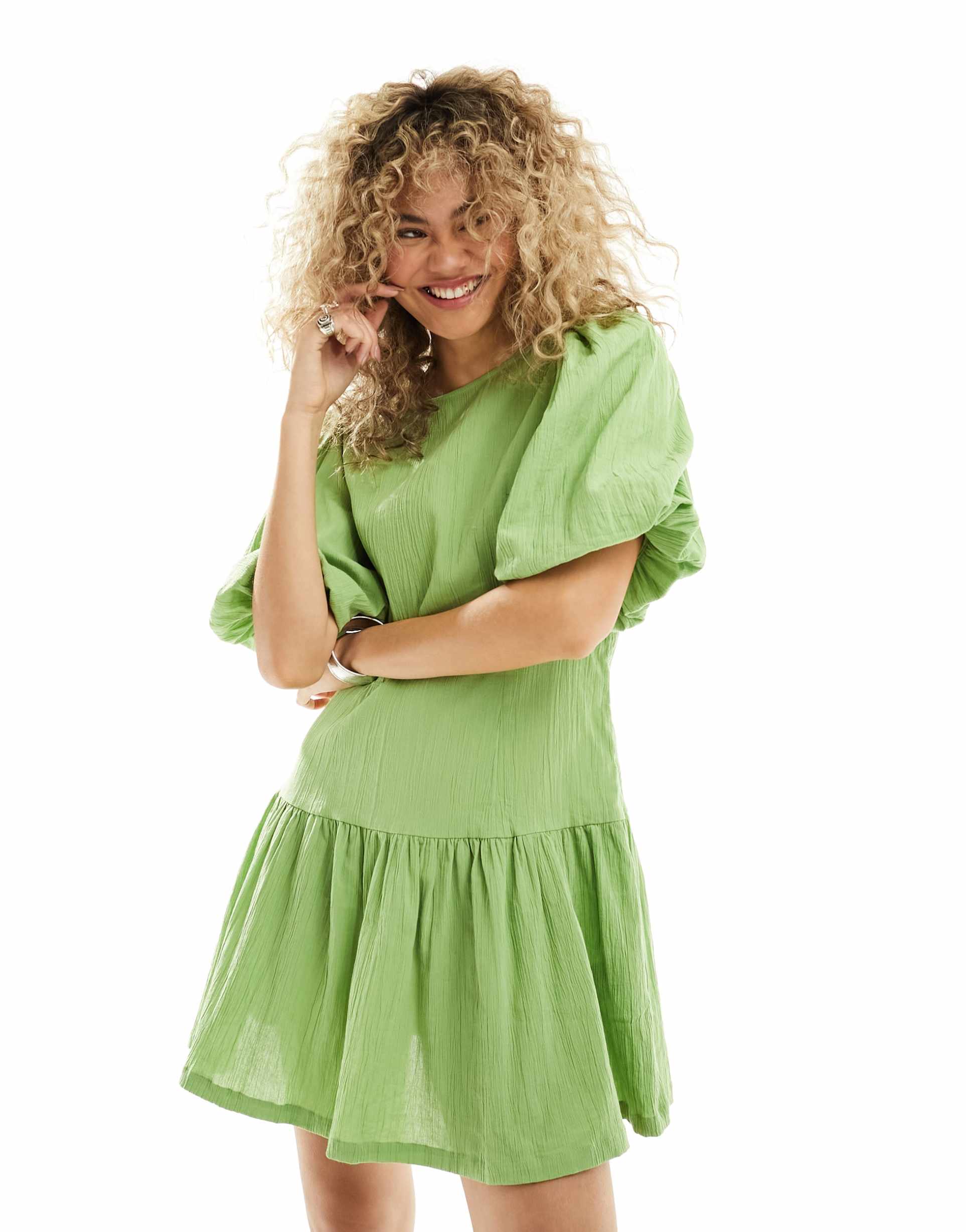 monki short balloon sleeve mini dress with pleated volume bottom in green