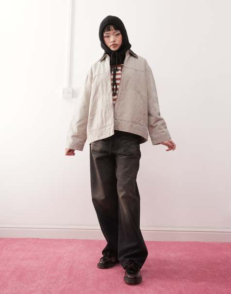 Monki short canvas jacket with cord collar in beige - view 1