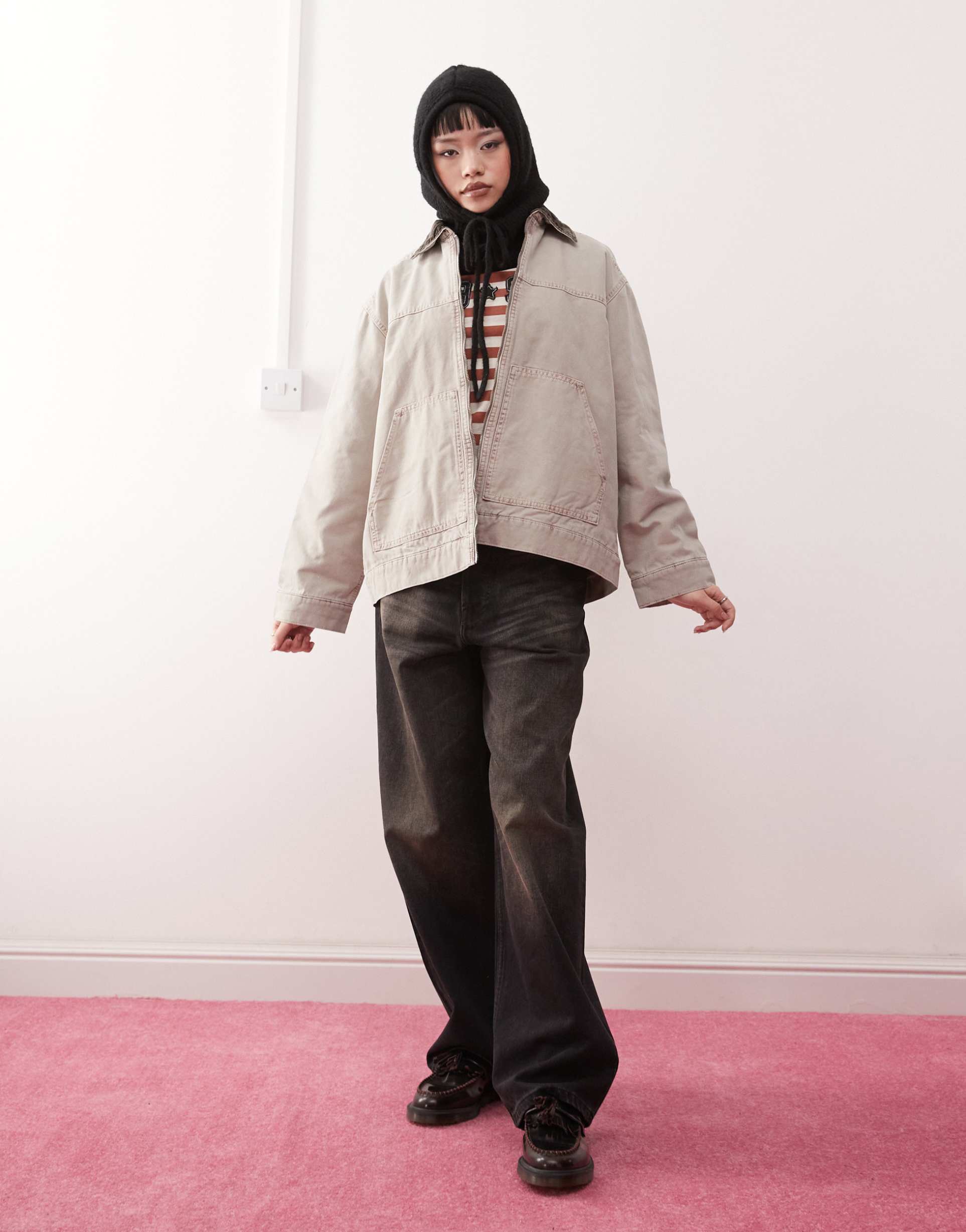 monki short canvas jacket with cord collar in beige