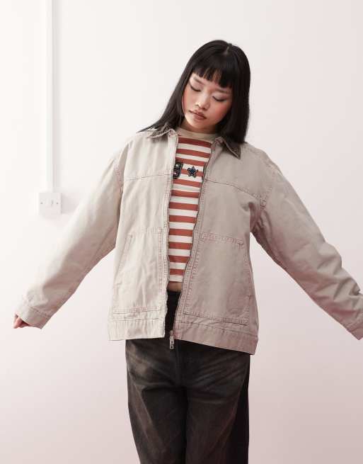 Monki short canvas jacket with cord collar in beige | ASOS
