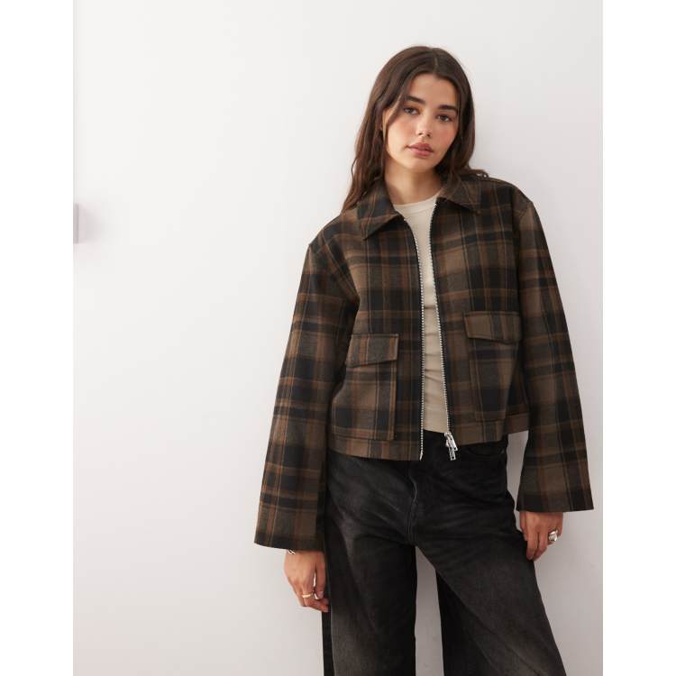 ロージーモンスターcheck wool shirt jacket(ブラウン)新品 Monki short collared jacket with wool in brown check | ASOS