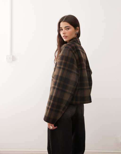Monki short collared jacket with wool in brown check 