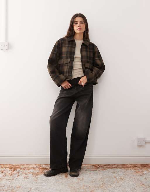 Monki short collared jacket with wool in brown check 