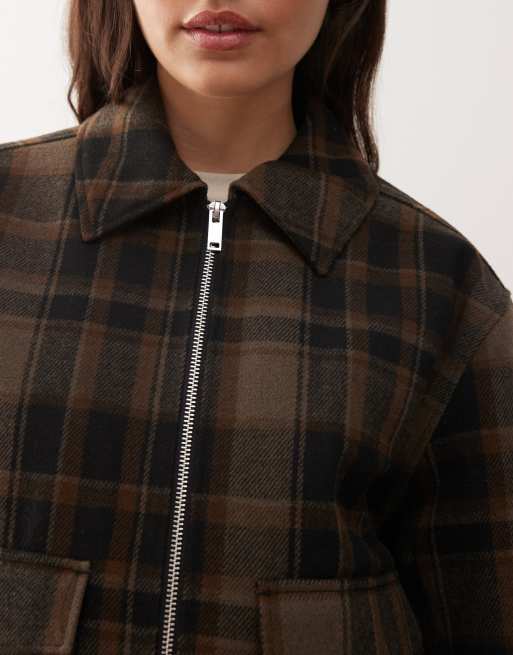 Monki short collared jacket with wool in brown check 