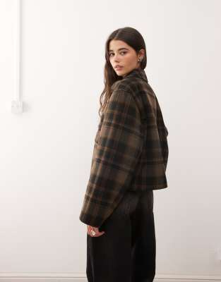 Monki Short Collared Wool Blend Jacket In Brown