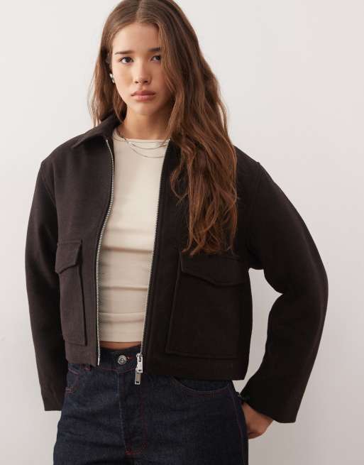 Monki short collared wool blend jacket in chocolate brown  