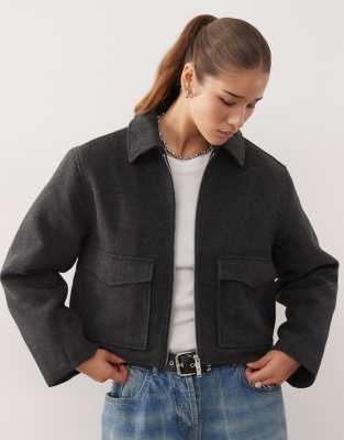 Monki Short Collared Wool Blend Jacket In Gray