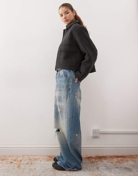Monki short collared wool blend jacket in dark grey - view 1