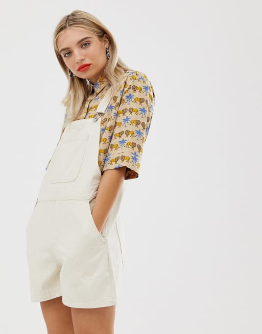 Monki short denim dungarees in cream, 3 of 4