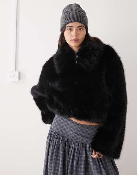 Monki short faux fur jacket in black