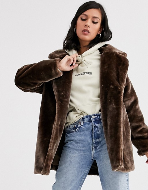 Monki short faux fur jacket in brown
