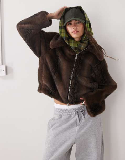 Monki faux fur jacket in chocolate brown
