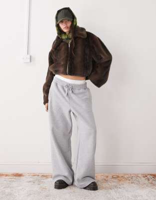 Monki Short Faux Fur Jacket In Brown