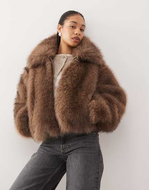 Monki short faux fur jacket in mid brown - view 1