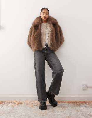 Monki Short Faux Fur Jacket In Brown