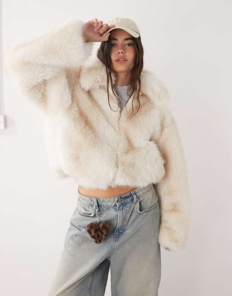 Monki short faux fur jacket in off white - view 1