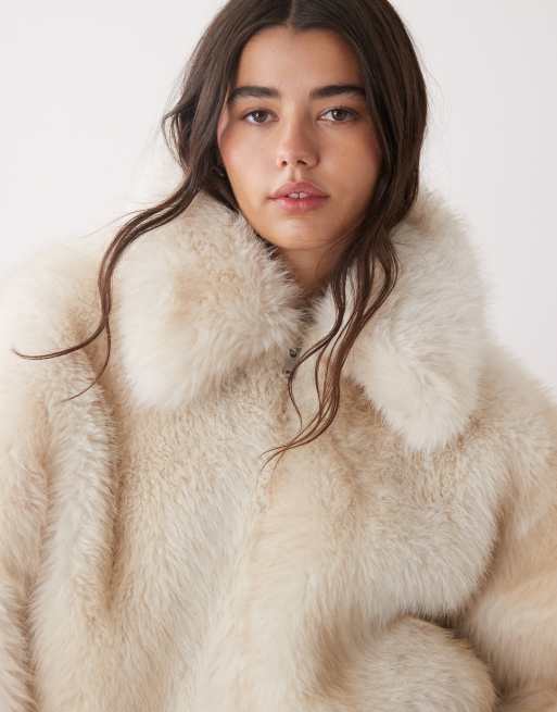 Monki short faux fur jacket in off white