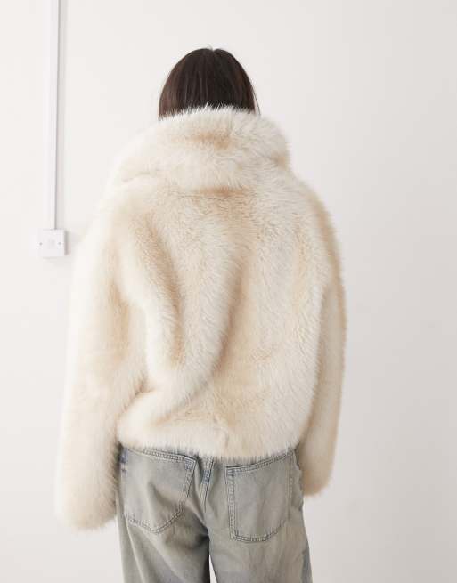 Monki short faux fur jacket in off white