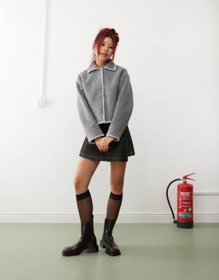 Monki short jacket in grey melange with contrast stitching