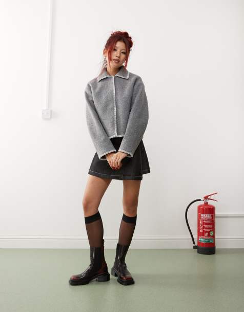 Monki short jacket in grey melange with contrast stitching - view 1