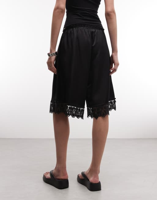 Monki - Short long en satin avec ourlet en dentelle - Noir, 5 de 5