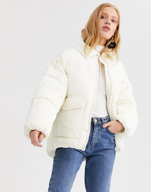 Monki short puffer jacket with cord blockings in cream