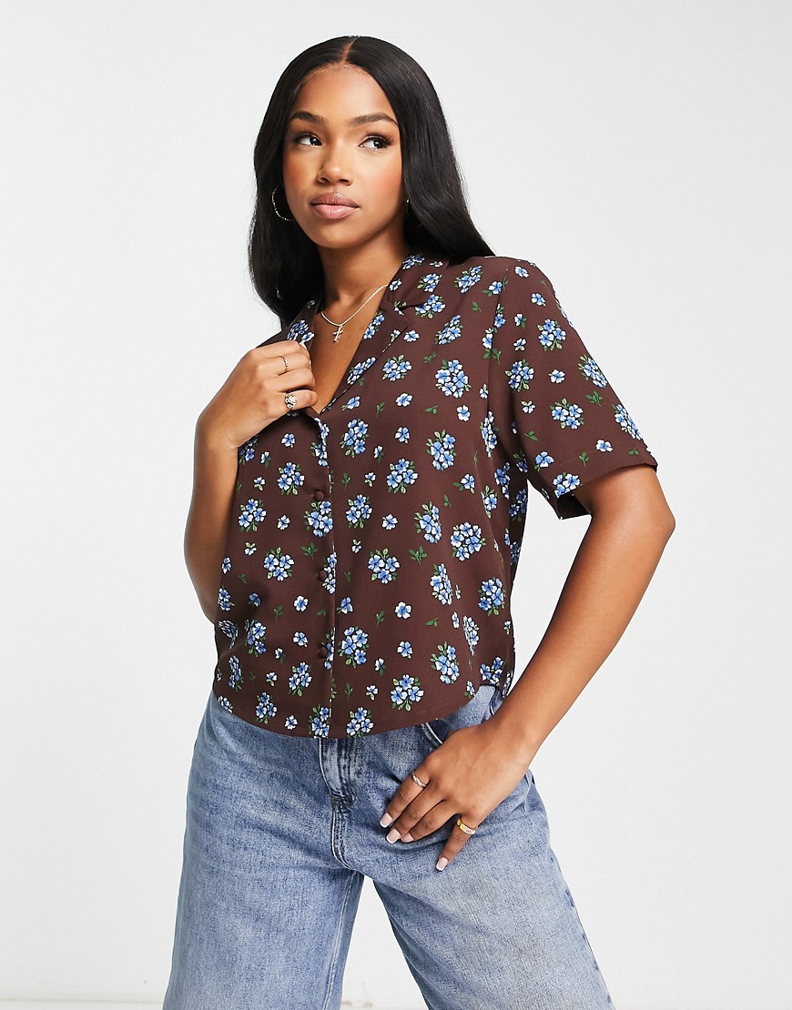 Monki short sleeve blouse in brown floral print