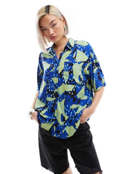 Monki short sleeve boxy shirt in blue and green collage print - view 1