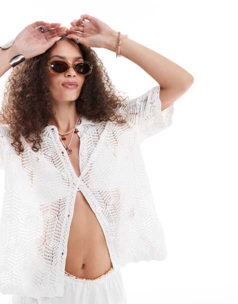 Monki short sleeve button down crochet knit shirt in white - view 1