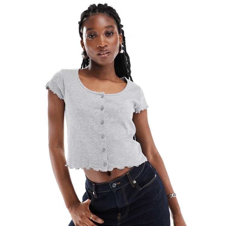 Monki short sleeve button down lettuce edge top in heather