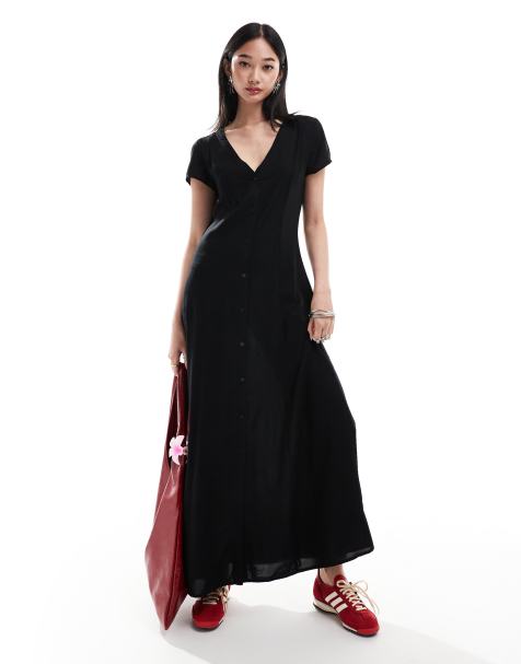 Monki short sleeve button front midi dress in black - view 1