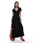 [Monki] Monki short sleeve button front midi dress in black XS BLACK