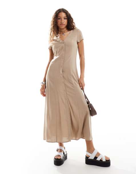 Monki short sleeve button front midi dress in dark beige - view 1