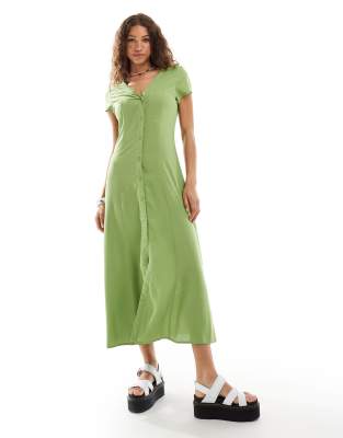 Monki Short Sleeve Button Front Midi Dress In Green