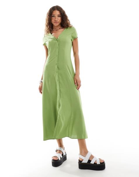 Monki short sleeve button front midi dress in green - view 1