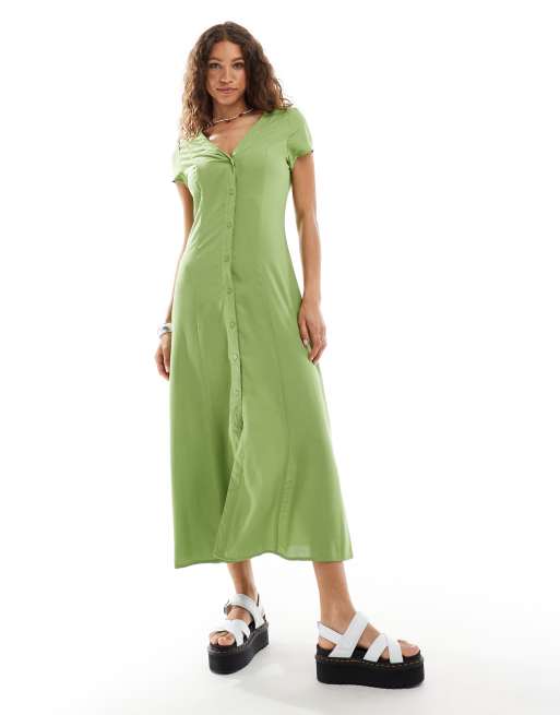 Monki short sleeve button front midi dress in green ASOS