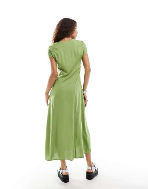 Monki short sleeve button front midi dress in green | ASOS