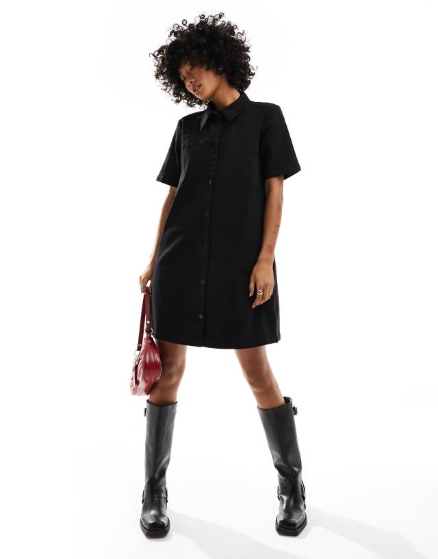 Monki - short sleeve button through collar mini dress in black