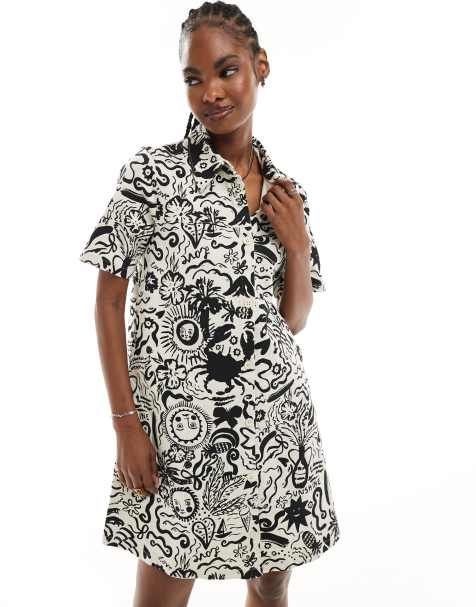 Monki short sleeve button through collar mini shirt dress in mono summer print - view 1