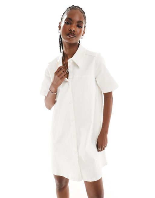 Monki short sleeve button through collar mini shirt dress in white