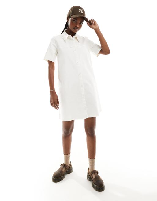 Monki short sleeve button through collar mini shirt dress in white