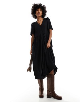 Monki short sleeve button through midi dress in black