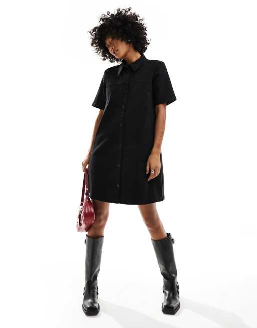 Monki short sleeve button up collar mini dress in black