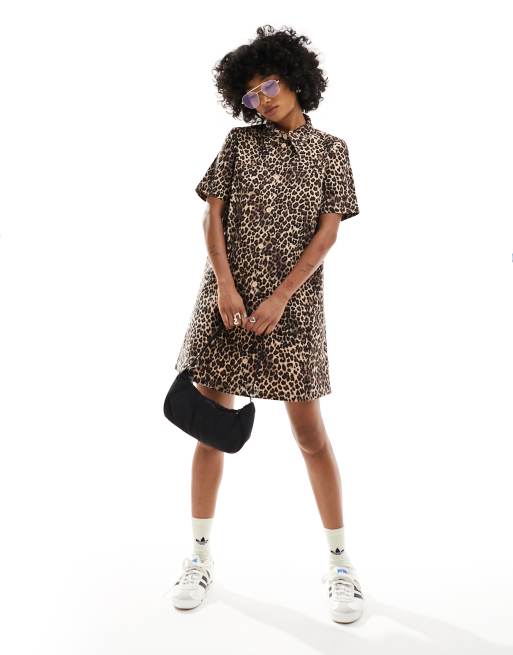 Monki short sleeve button up collar mini dress in leopard