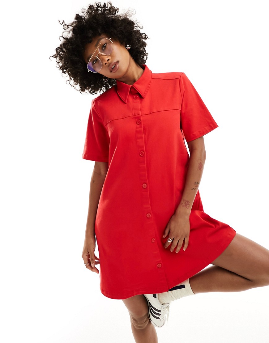 Monki Short Sleeve Button Up Collar Mini Dress In Red-green