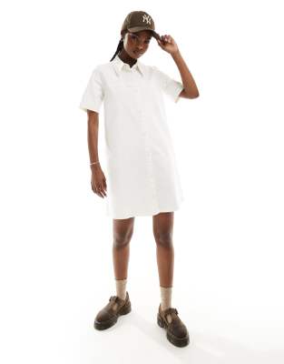 Monki Short Sleeve Button Up Collar Mini Shirt Dress In White