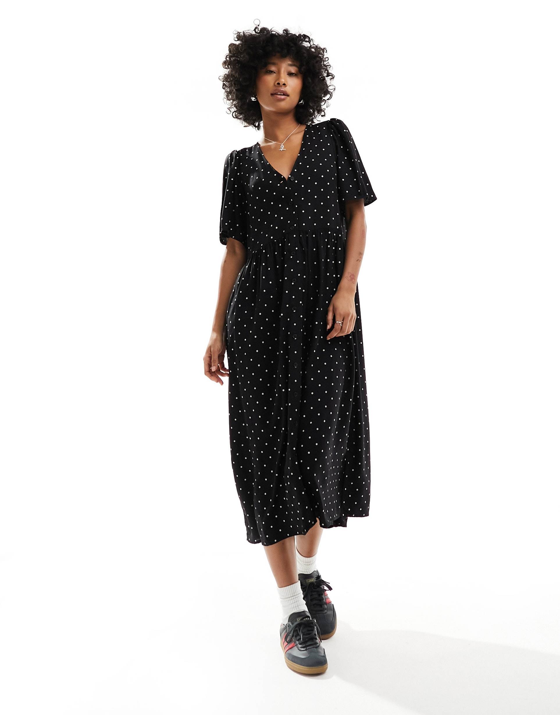 monki short sleeve button up midi dress in black and white monochrome polka dot