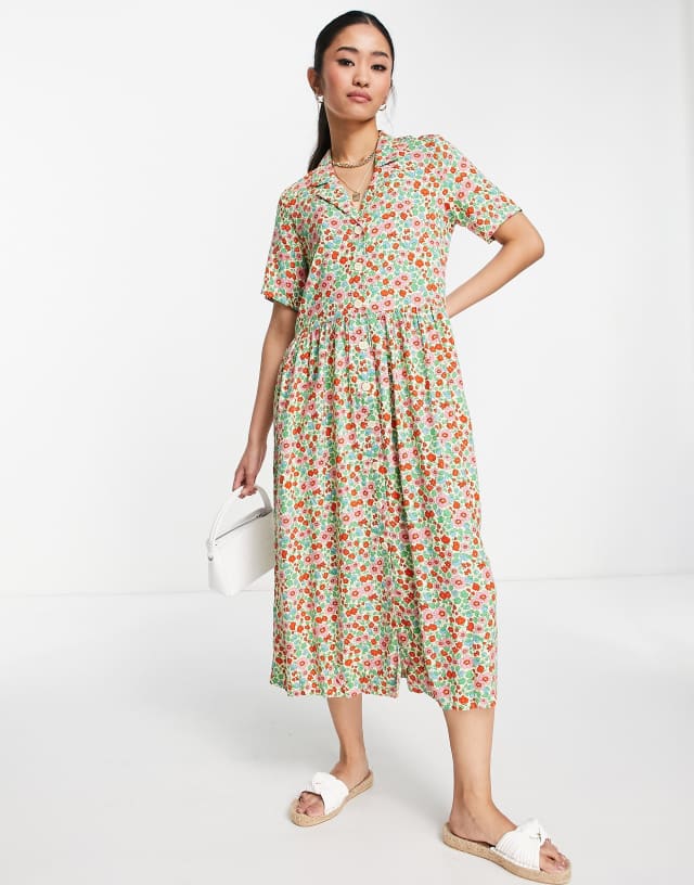 Monki short sleeve collared midi dress in multi floral