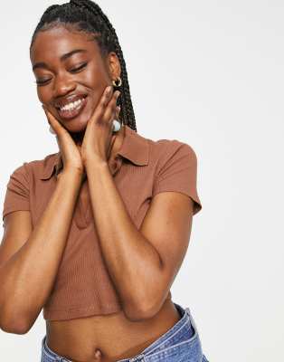 Monki Short Sleeve Collared Polo Top In Brown